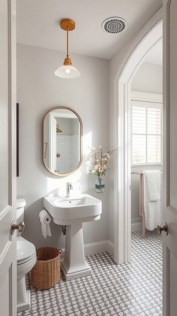 A stylish half bathroom featuring modern fixtures and simple decor.