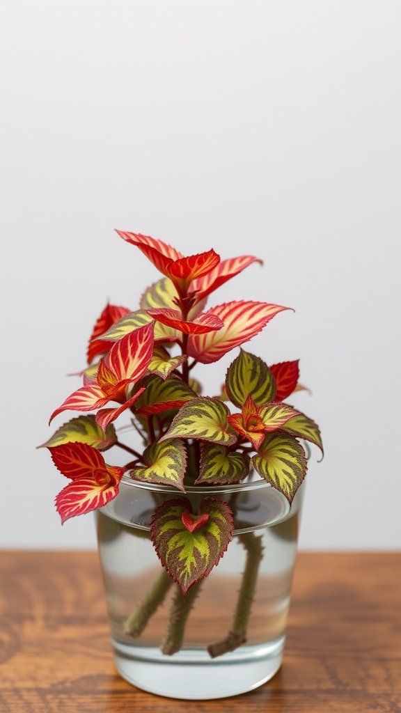 A vibrant Coleus plant with colorful foliage growing in a glass of water.