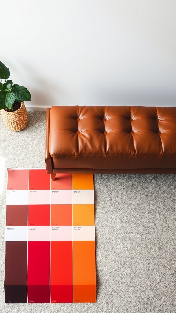 A brown leather couch with a color palette swatch below it, featuring warm tones.