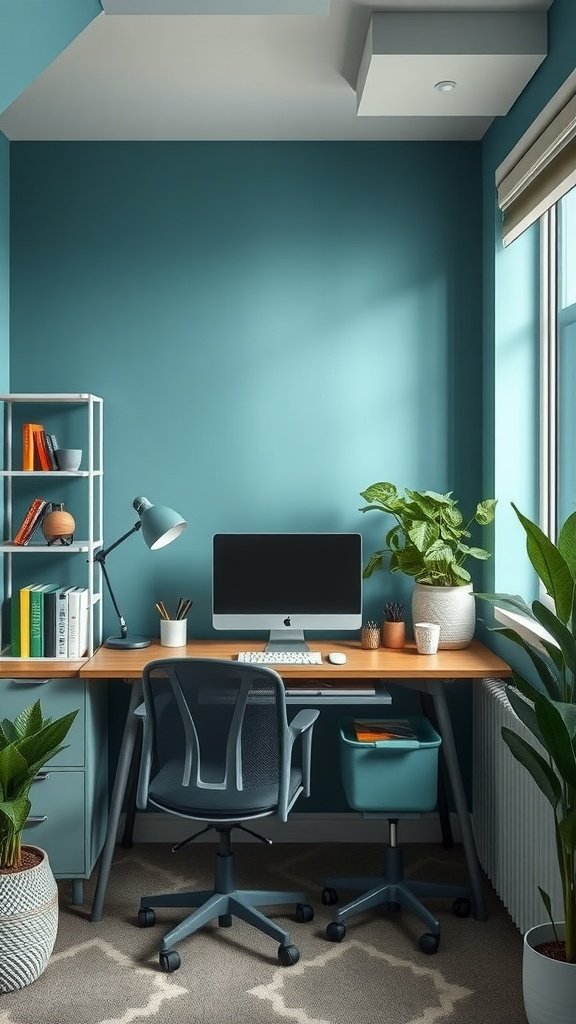A cozy small home office with a teal wall, a modern desk setup, and plants for a fresh atmosphere.