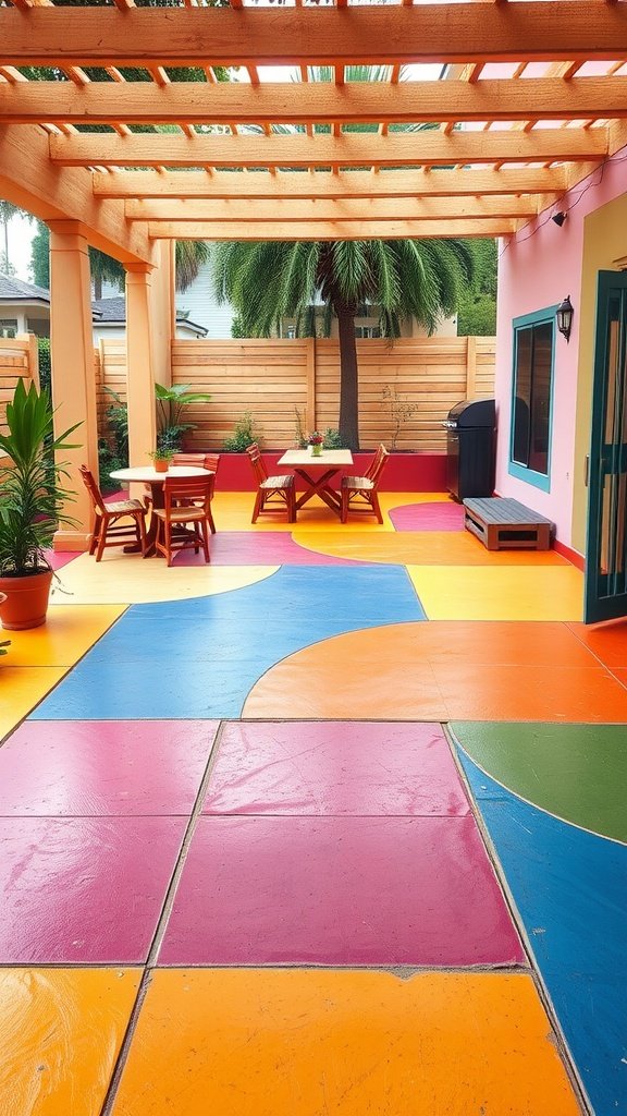 A colorful patio with bright colored concrete tiles and a wooden pergola.