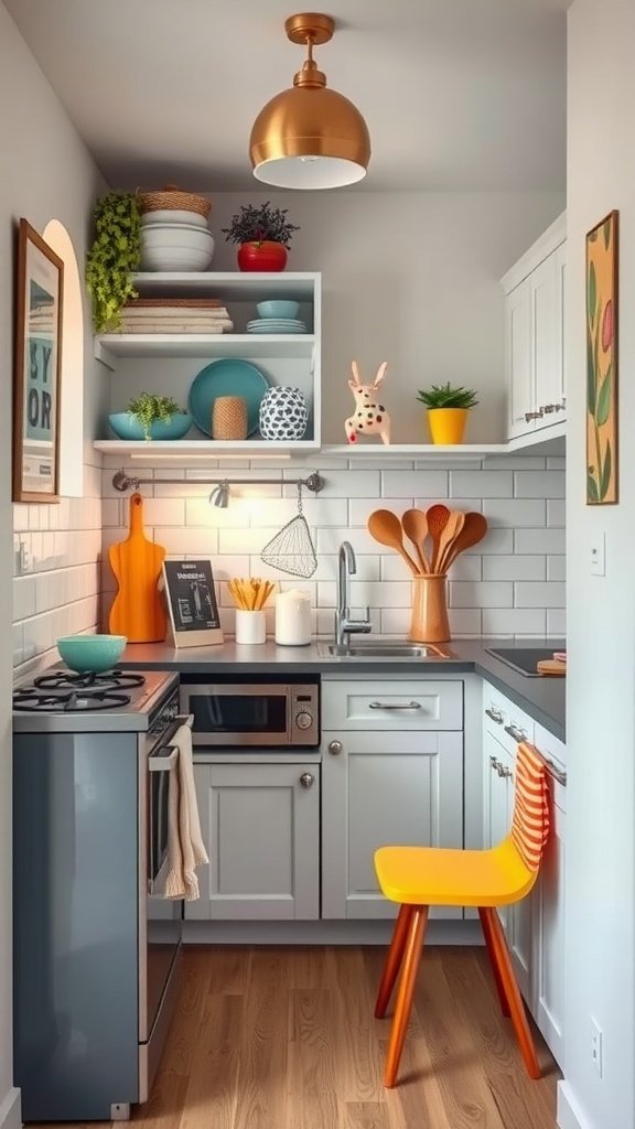A small kitchen featuring colorful accents, including a bright orange chair and decorative dishware.