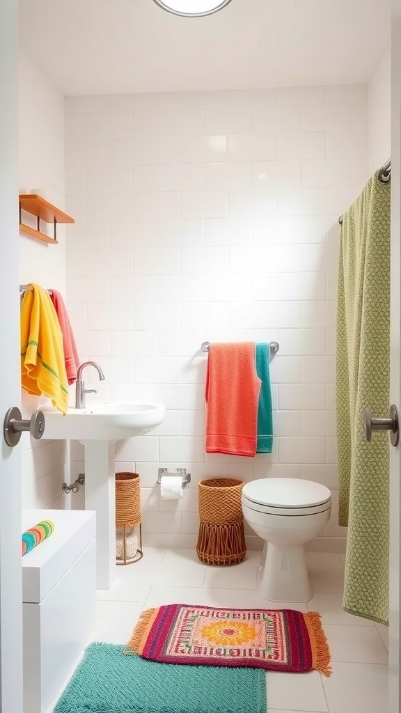 A small half bathroom with colorful towels, rugs, and accessories.