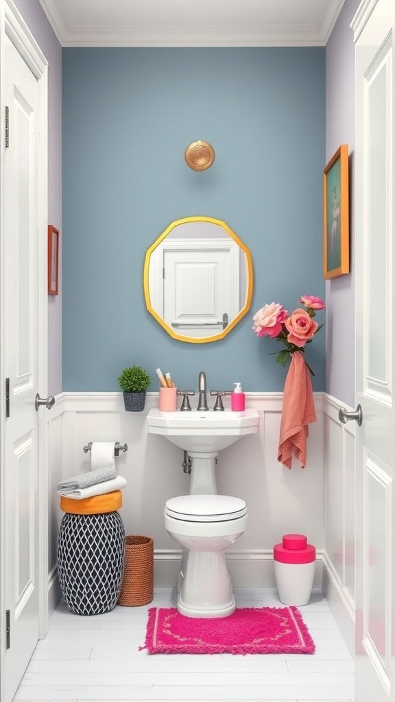 A small half bathroom featuring a white background with colorful decor elements.
