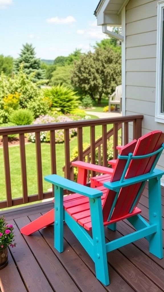 Brightly colored Adirondack chairs on a deck overlooking a garden.