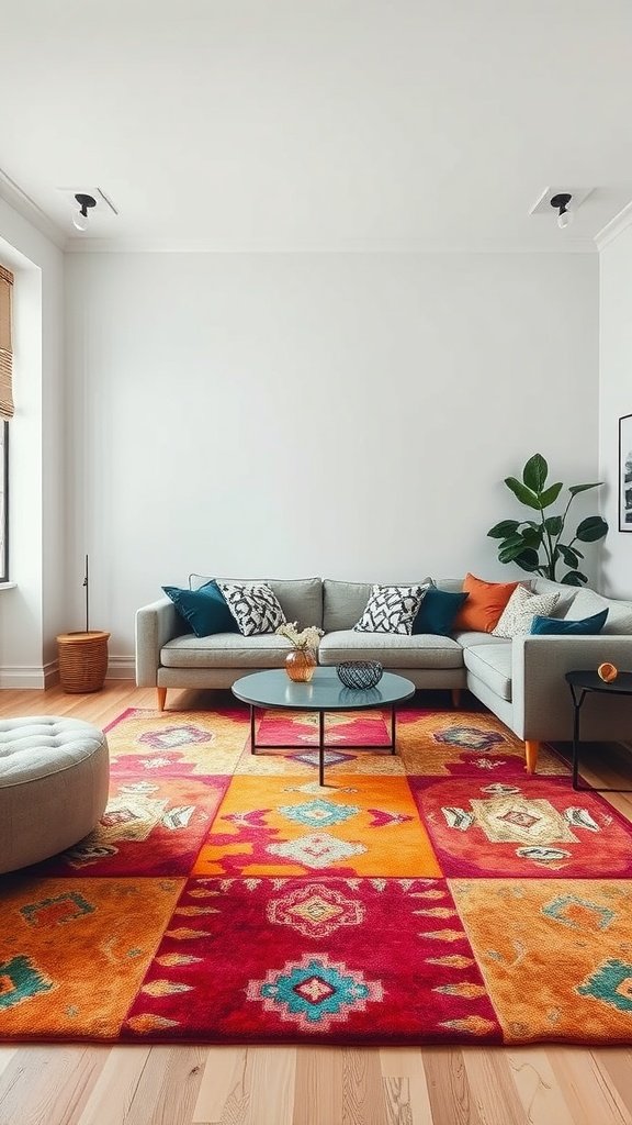 A stylish living room featuring a colorful area rug, grey sofa, and decorative pillows.