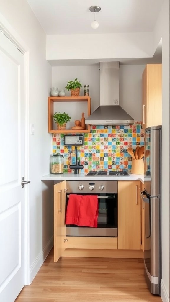 Brightly colored backsplash in a modern small kitchen.