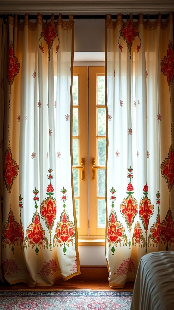 Colorful curtains with floral patterns in an Indian bedroom decor style.