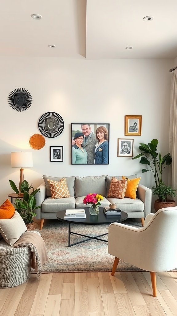 A colorful living room with neutral furniture, vibrant cushions, and decorative wall art.
