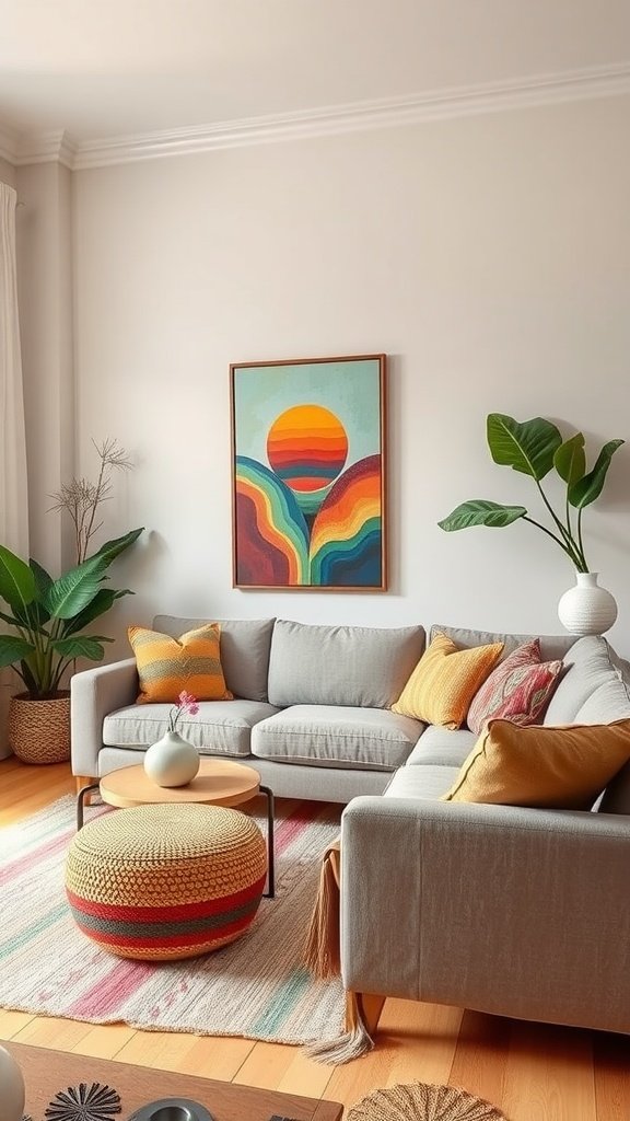 A cozy living room with an olive couch, colorful cushions, and earthy decor.