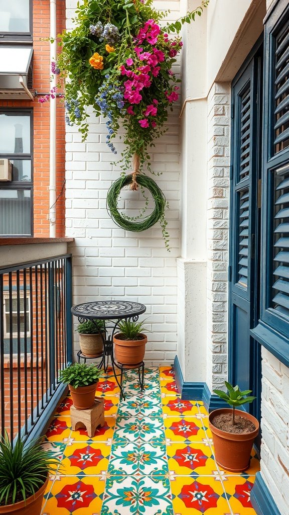Colorful floor tiles on a small balcony