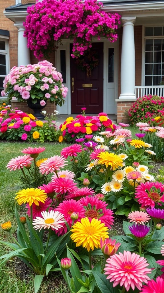 Vibrant flower beds with various colorful flowers in a front yard.