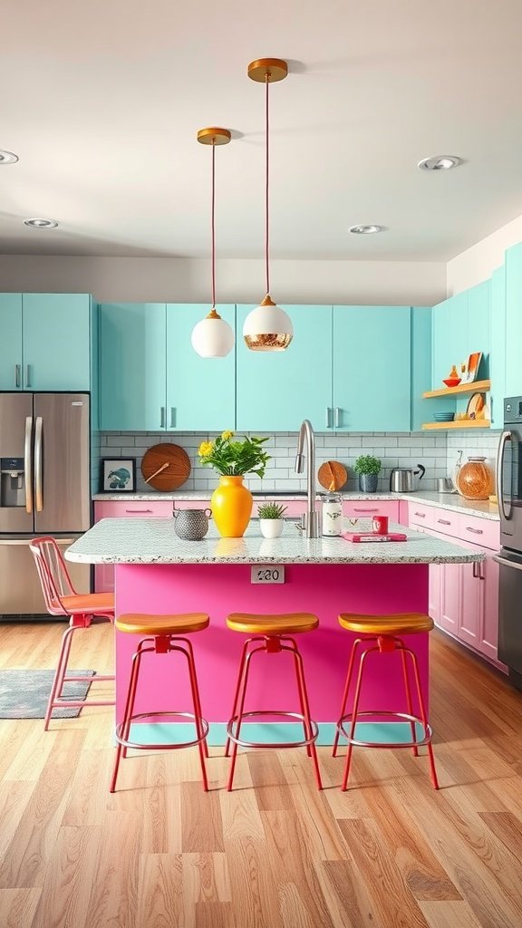 A colorful kitchen with a pink island and blue cabinets, featuring modern bar stools and decorative elements.