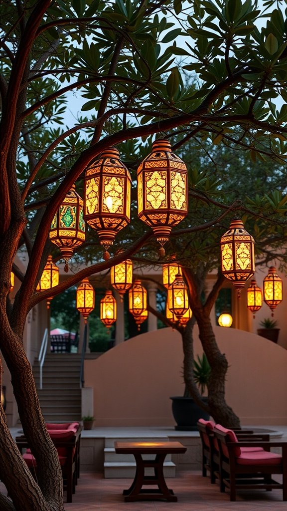 Colorful Moroccan lanterns hanging from a tree in a cozy outdoor setting.