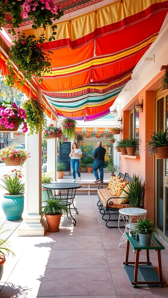 A vibrant patio with colorful fabric awnings, plants, and cozy seating.