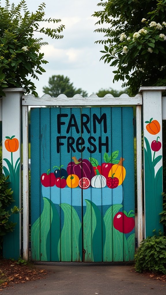 A colorful painted gate featuring the words 'FARM FRESH' and illustrations of various fruits and vegetables.