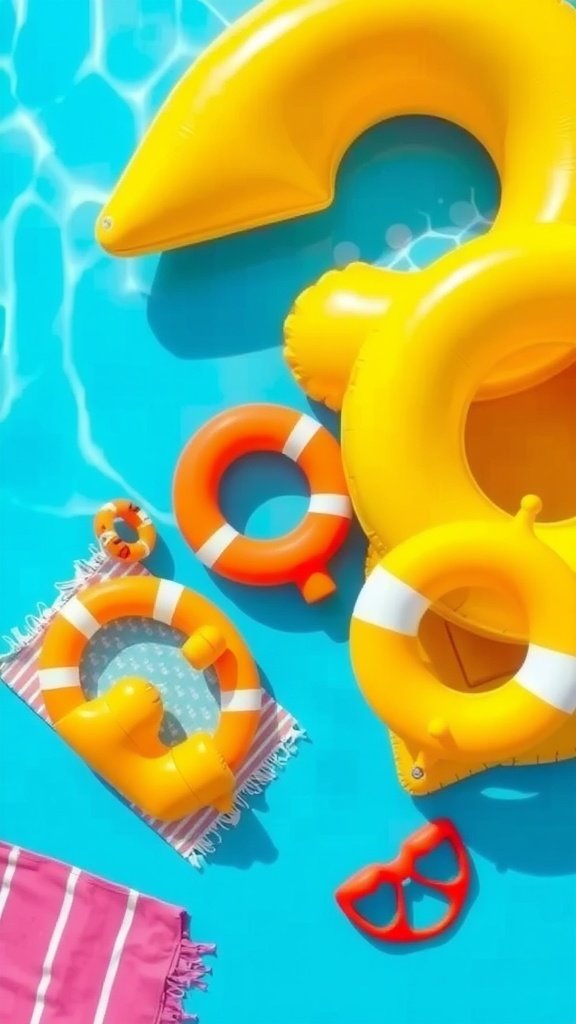 Colorful pool floats and towels beside a clear blue pool.