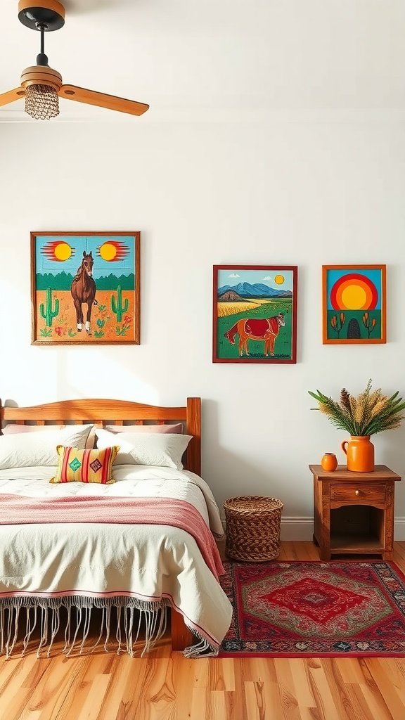 A cozy bedroom featuring colorful Southwest artwork with paintings of horses and landscapes on the walls.