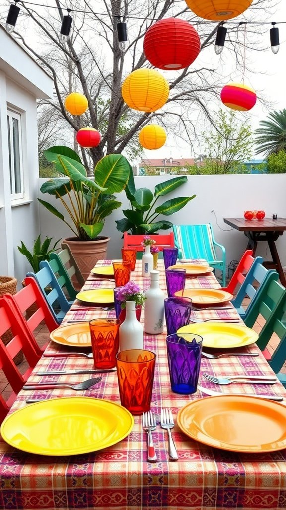A vibrant outdoor dining table set with colorful plates and glasses surrounded by hanging lanterns.