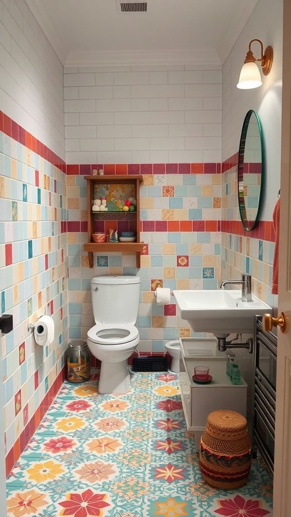 Brightly tiled half bathroom with colorful patterns on the walls and floor.
