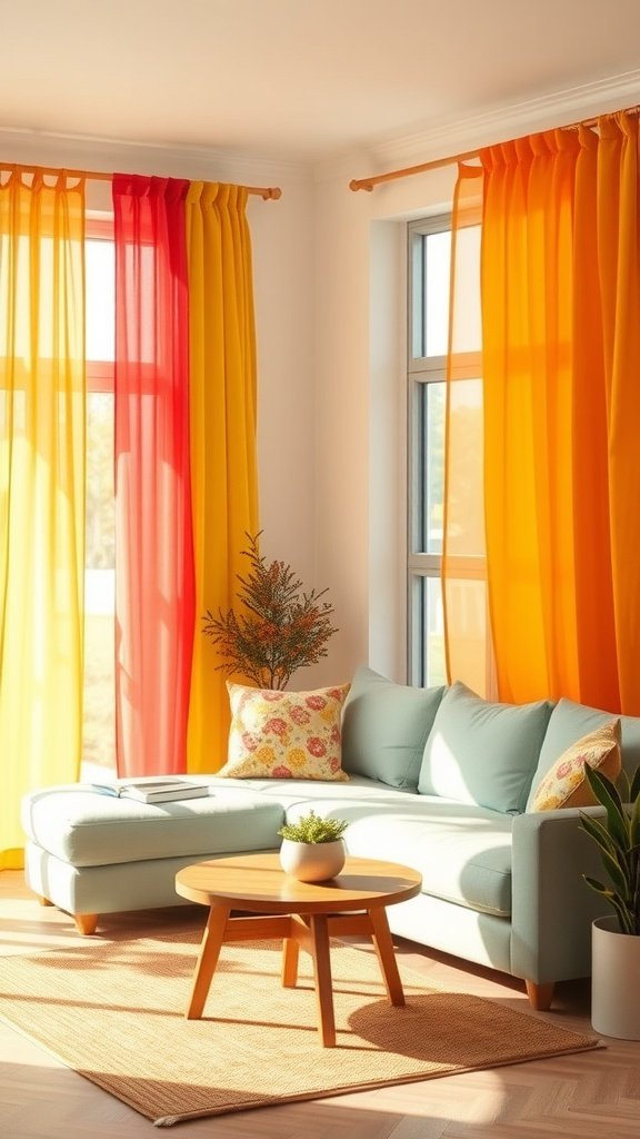 A bright and colorful living room with vibrant curtains and cozy furniture.