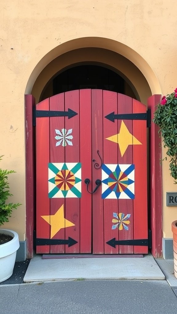 A vibrant wooden gate decorated with quilt patterns, featuring red paint and colorful designs.