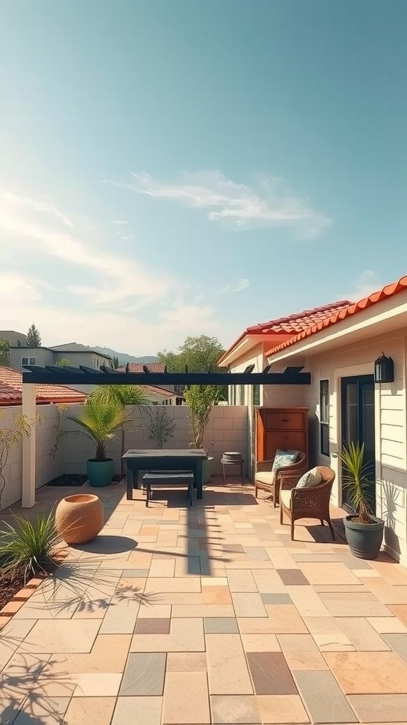A beautiful patio with a mix of roof styles and cozy furniture.