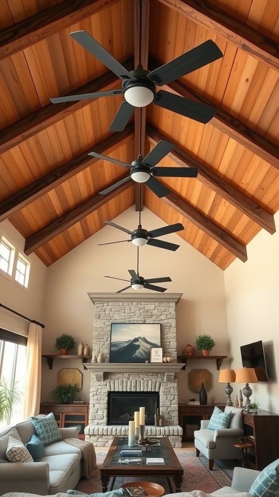 Living room with ceiling beams and stylish ceiling fans