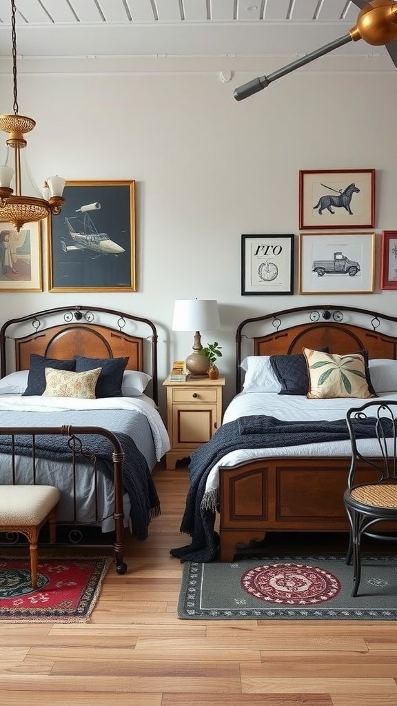 A cozy bedroom featuring two different styles of beds, with vintage and modern elements.