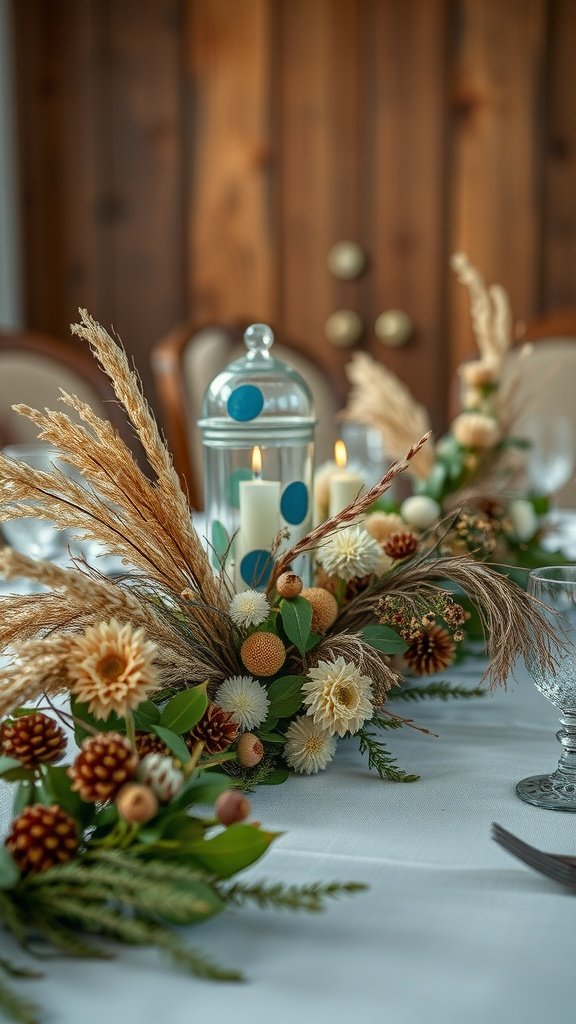 A beautiful table arrangement featuring dried flowers and winter greenery.
