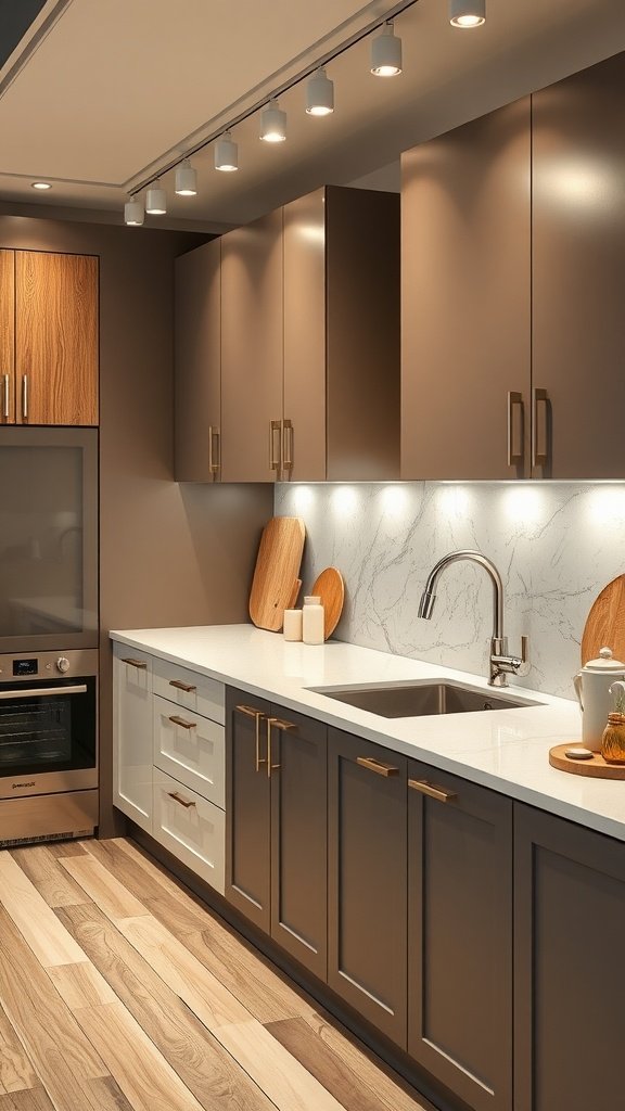 A kitchen featuring tan lower cabinets and white upper cabinets, showcasing a stylish two-tone design.