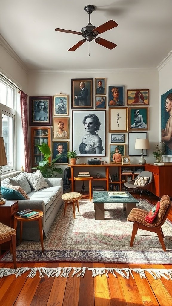A cozy living room featuring vintage and modern decor elements, including framed portraits, a comfortable sofa, and stylish furniture.