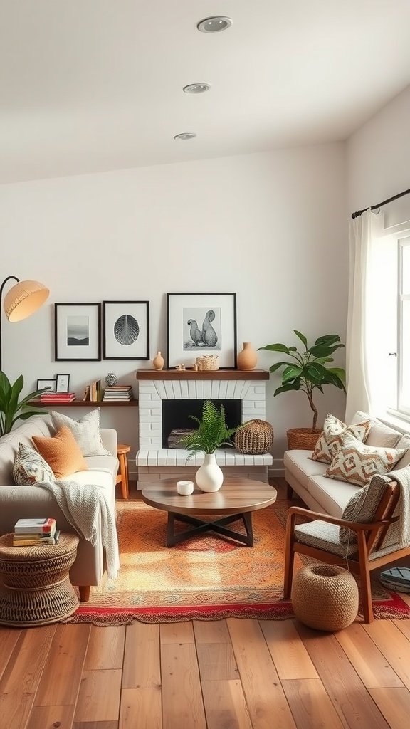 A colorful boho living room featuring plush seating, plants, and a cozy atmosphere.