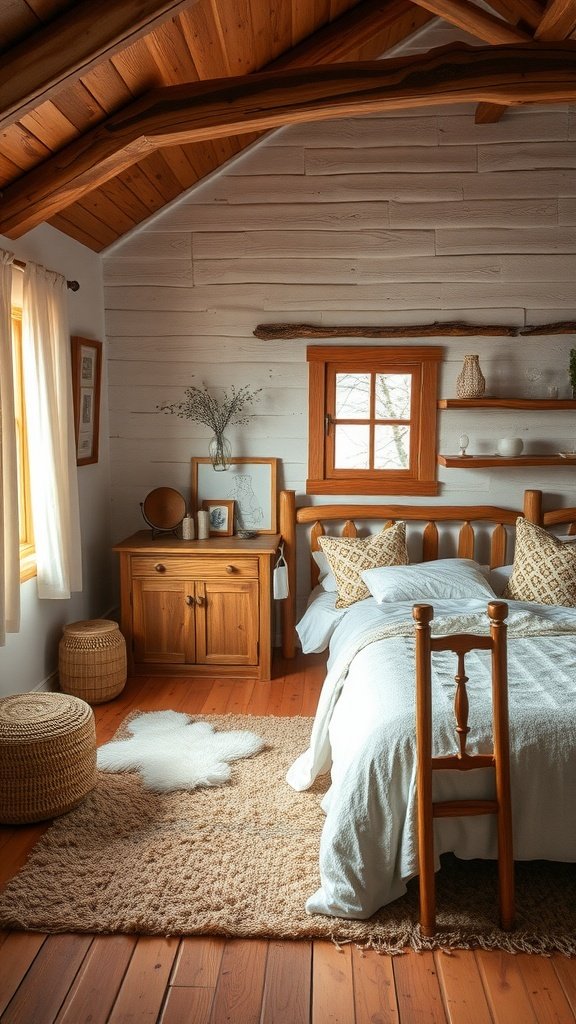 A cozy rustic bedroom featuring a wooden bed, warm colors, and a soft area rug.