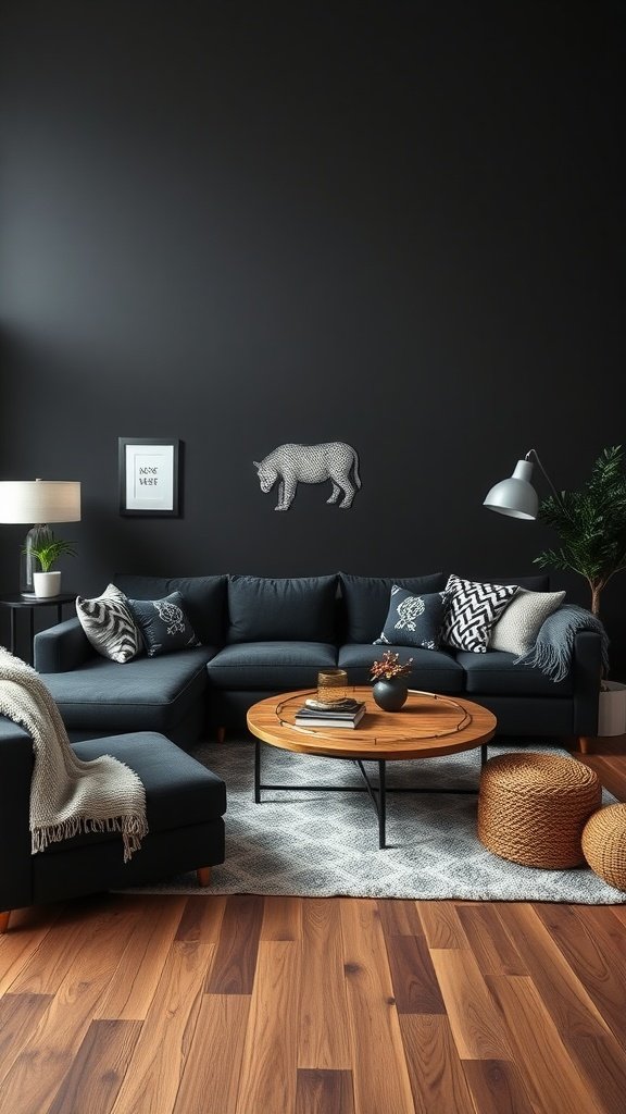 A cozy black sectional sofa in a stylish living room with a black wall and wooden flooring.