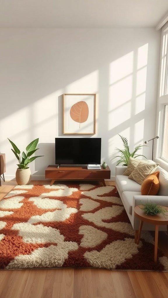 A cozy living room featuring an earthy area rug, an olive couch, and natural lighting.