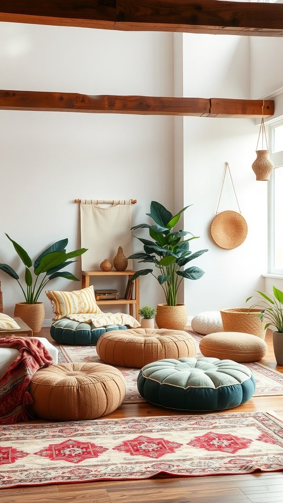 Colorful boho living room with comfortable floor seating and decorative elements.