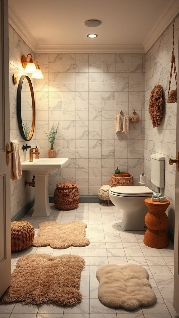 A cozy half bathroom featuring warm tones and stylish decor.