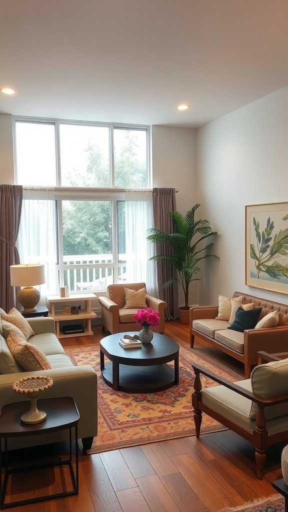A stylish living room featuring a green sofa, wooden coffee table, and modern decor.