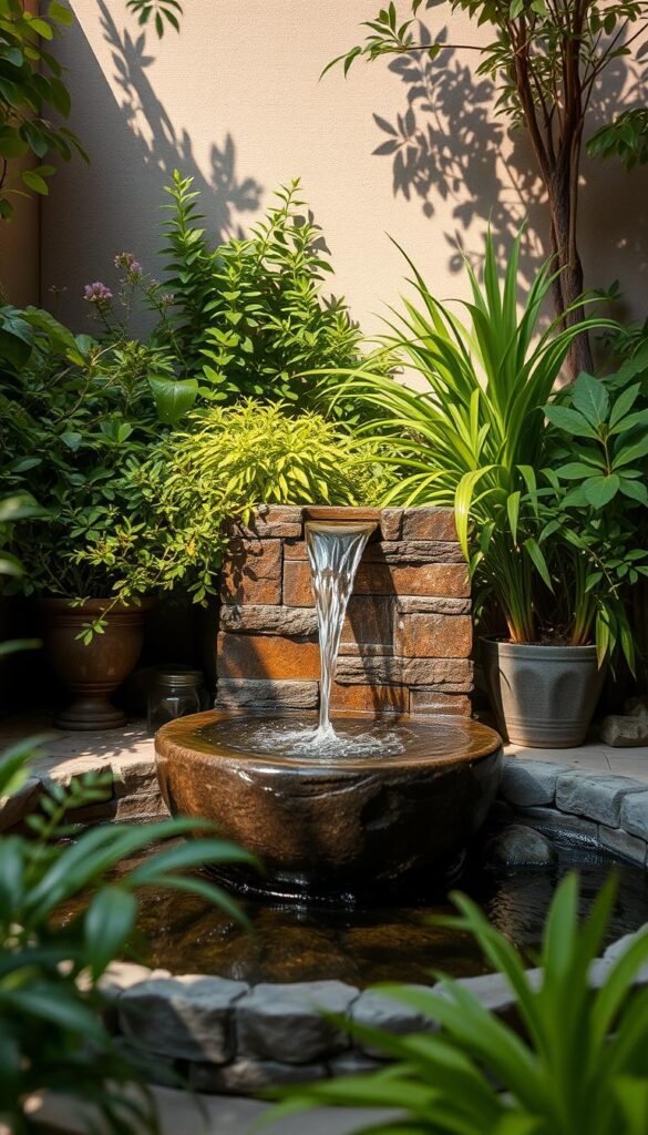 compact outdoor water feature with a small modern stone fountain surrounded by lush greenery, set in a cozy nook with warm afternoon lighting, captured from a slightly low angle to highlight the calming water flow and natural ambiance compact outdoor water feature with a small modern stone fountain surrounded by lush greenery, set in a cozy nook with warm afternoon lighting, captured from a slightly low angle to highlight the calming water flow and natural ambiance