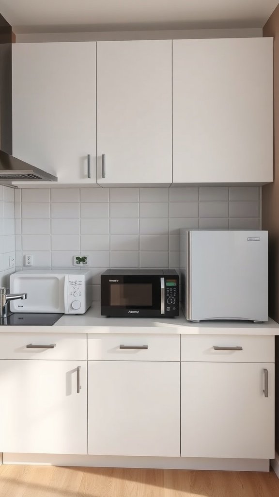 Small kitchen with compact appliances including a microwave and mini fridge.