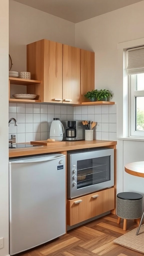 A compact kitchen featuring a mini fridge, microwave, and wooden cabinets, designed for efficiency in a small space.