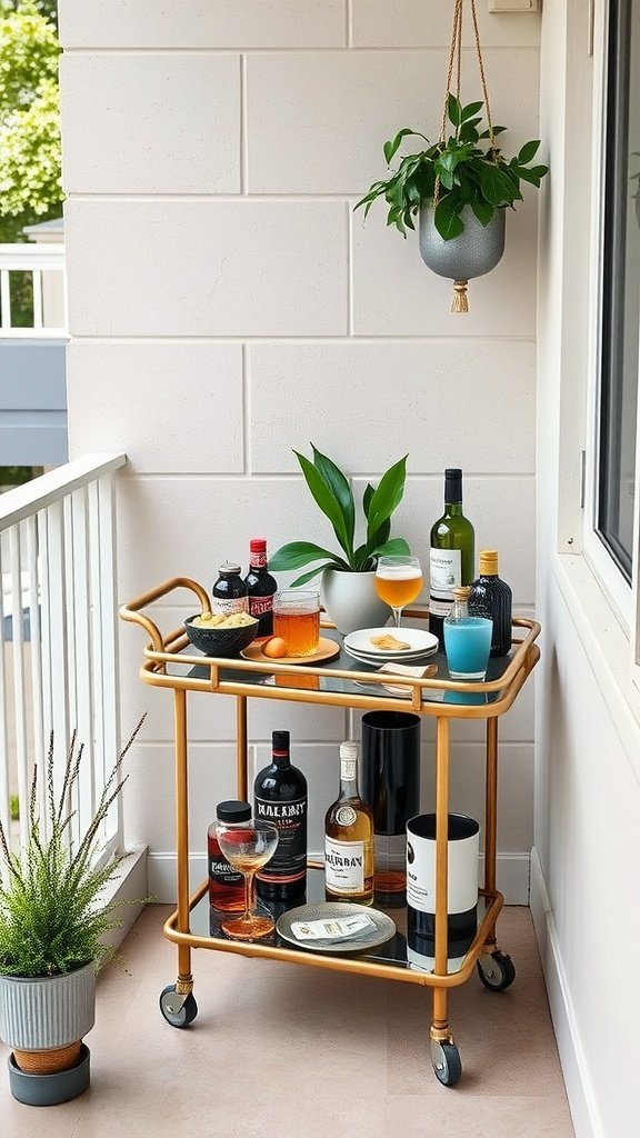 A compact bar cart with drinks and snacks on a small balcony.