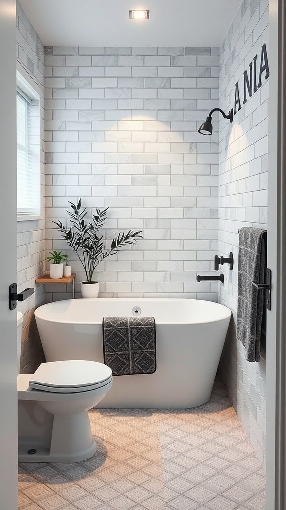 A stylish compact bathtub in a modern half bathroom with light gray tile walls and a plant.