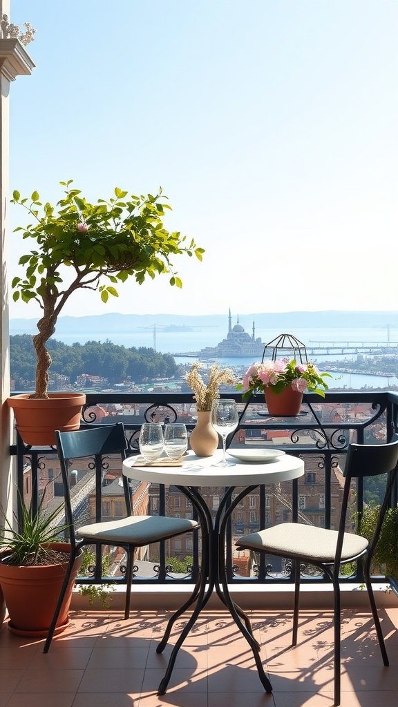 A small balcony with a compact dining set for two, featuring plants and a scenic view.