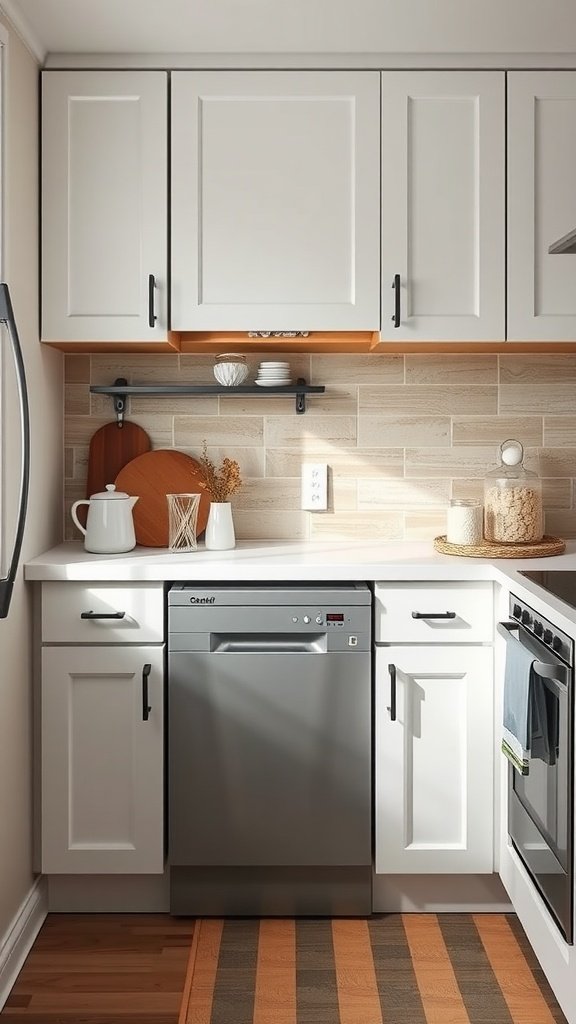 A compact dishwasher in a stylish small kitchen setting.