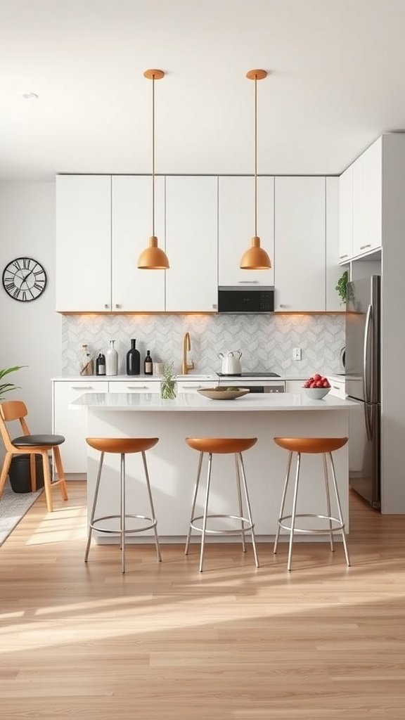 A modern compact kitchen with a stylish island and bar stools.