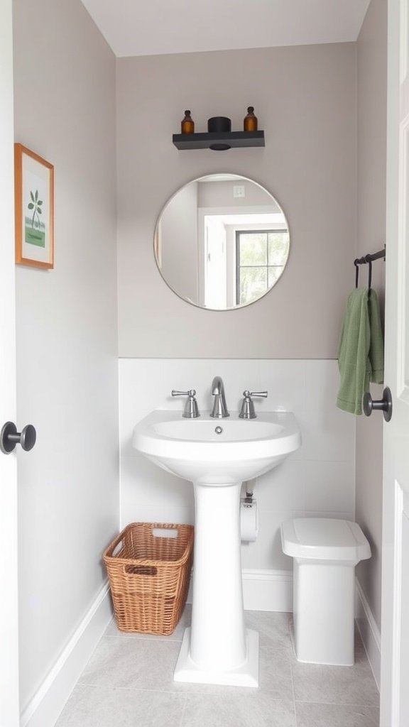 A compact half bathroom with a pedestal sink, circular mirror, and a small shelf above.