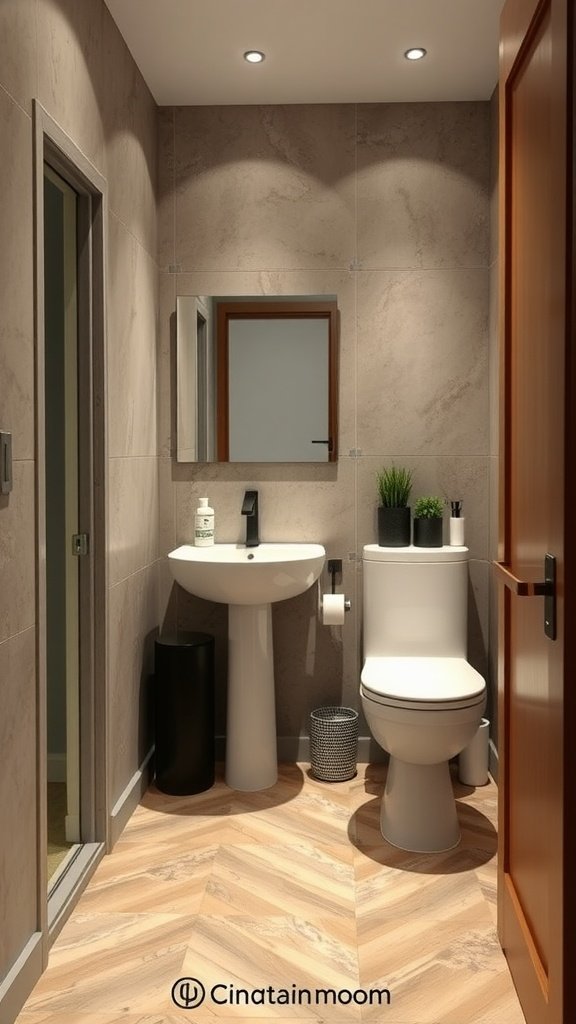 Compact and stylish half bathroom with modern decor and efficient storage.