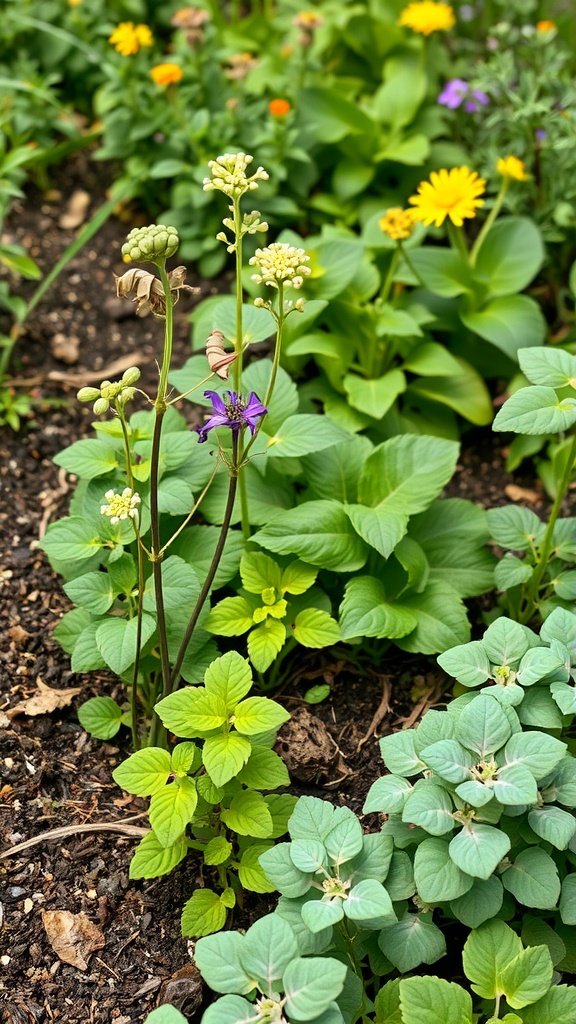 A vibrant garden with various flowers and green plants, showcasing the beauty of companion planting.